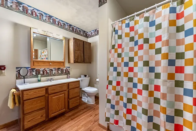 a bathroom with a sink a toilet a mirror and shower curtain