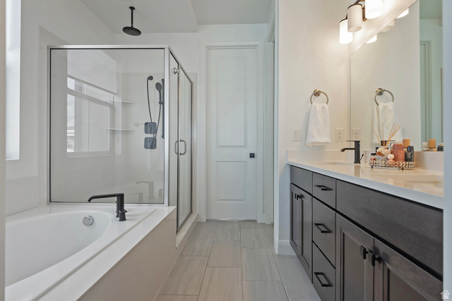 11694 Engelmann Drive Draper, UT 84020 - Photo 22 of 41 Full bathroom with double vanity, a shower stall, and a garden tub