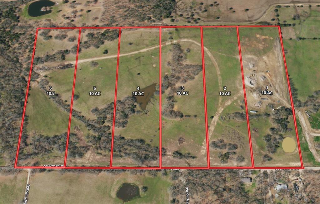 Aerial Property Survey. Depicting the property divided into six parcels with marked boundaries and acreage designations