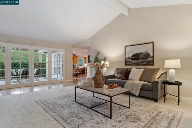 a living room with furniture a fireplace and a large window
