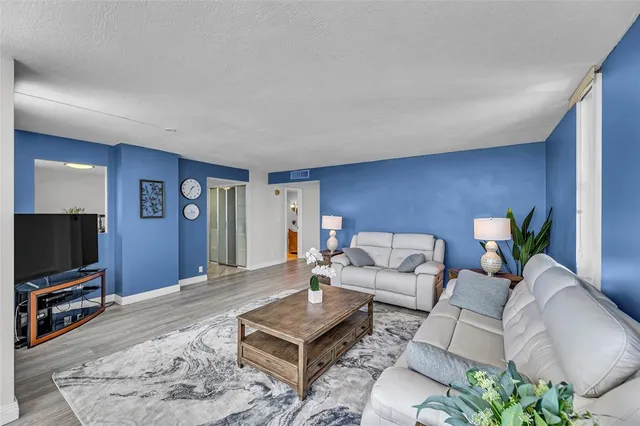 a living room with furniture a flat screen tv and a rug