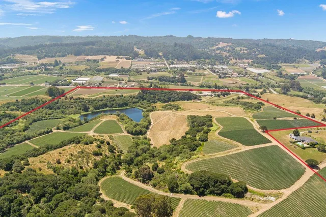 an aerial view of residential houses with outdoor space and river