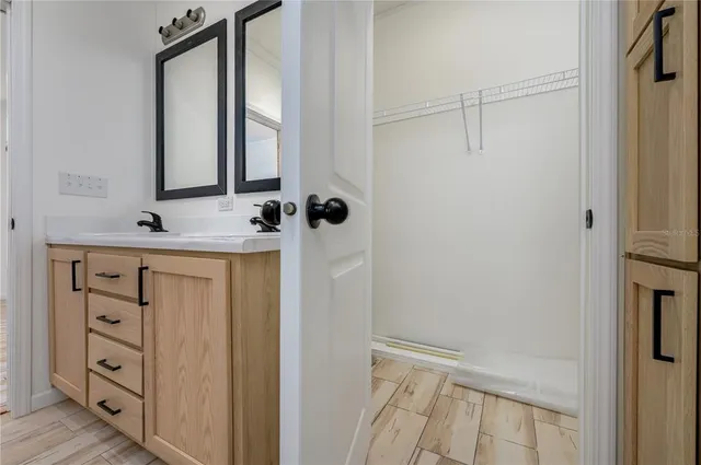 a bathroom with a sink and a mirror
