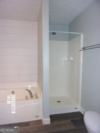 a bathroom with a shower and a toilet