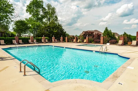 a view of a swimming pool with lawn chairs and plants