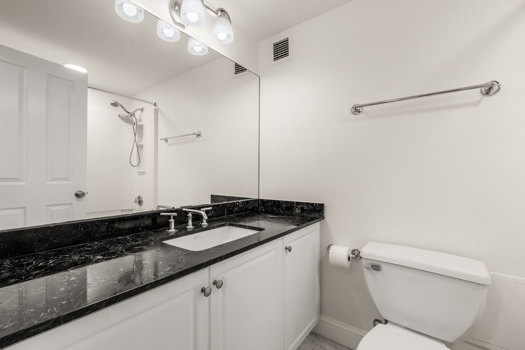 8 Museum Way, Unit 1006 Cambridge, MA 02141 - Photo 13 of 21 a bathroom with a granite countertop sink a toilet a mirror and shower