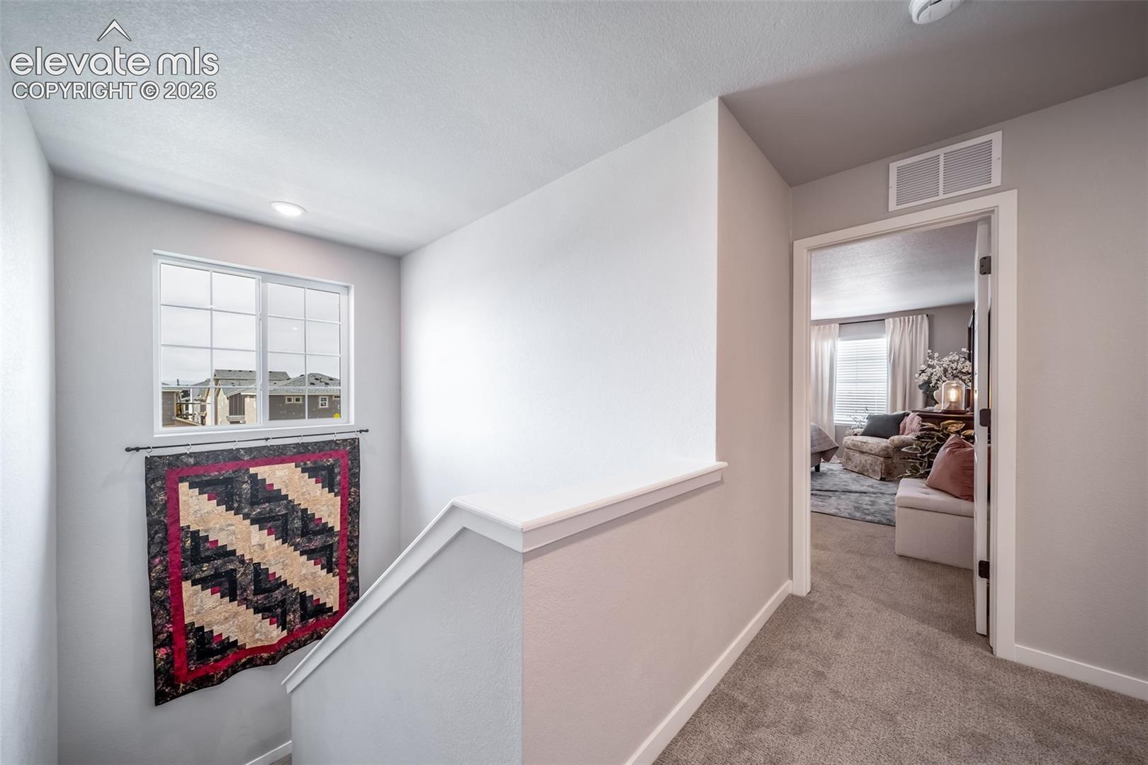 4876 Truscott Road Colorado Springs, CO 80925 - Photo 20 of 28 Upper-level hallway with neutral wall finishes and carpeted flooring
*Photos of a model home*
