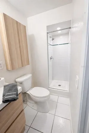 a bathroom with a toilet and a shower