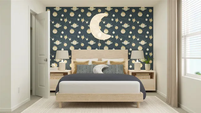 a bed sitting in a bedroom next to a window