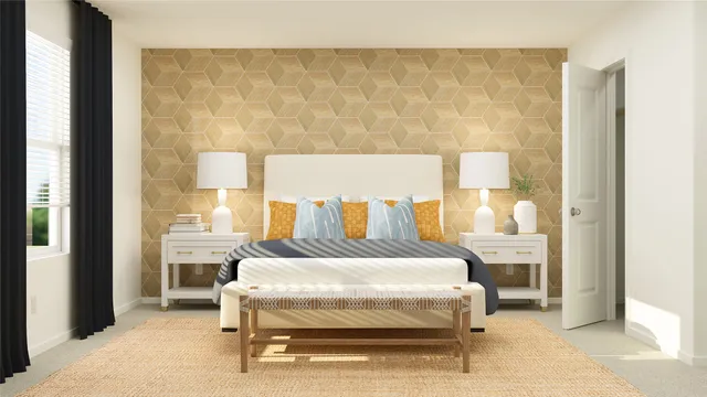 a bedroom with a bed and a night stand