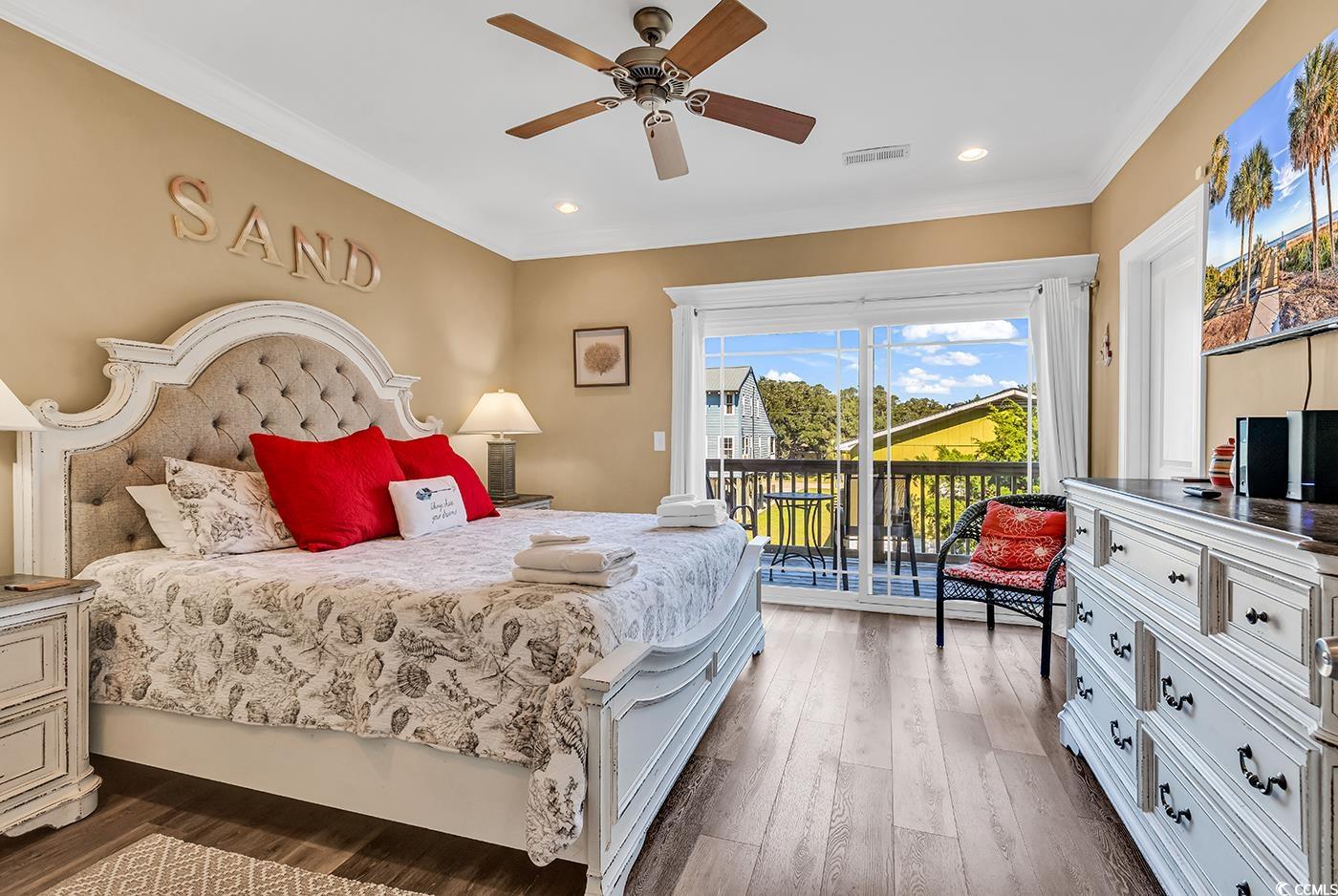 124 B Vista Drive Murrells Inlet, SC 29576 - Photo 13 of 38 Bedroom featuring hardwood / wood-style floors, access to exterior, a ceiling fan, ornamental molding, and recessed lighting