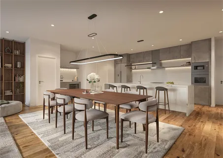 a dining room with furniture and wooden floor