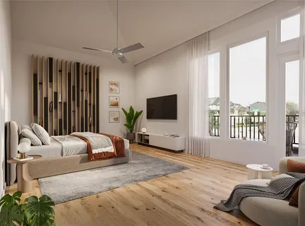 a bedroom with a bed and large window