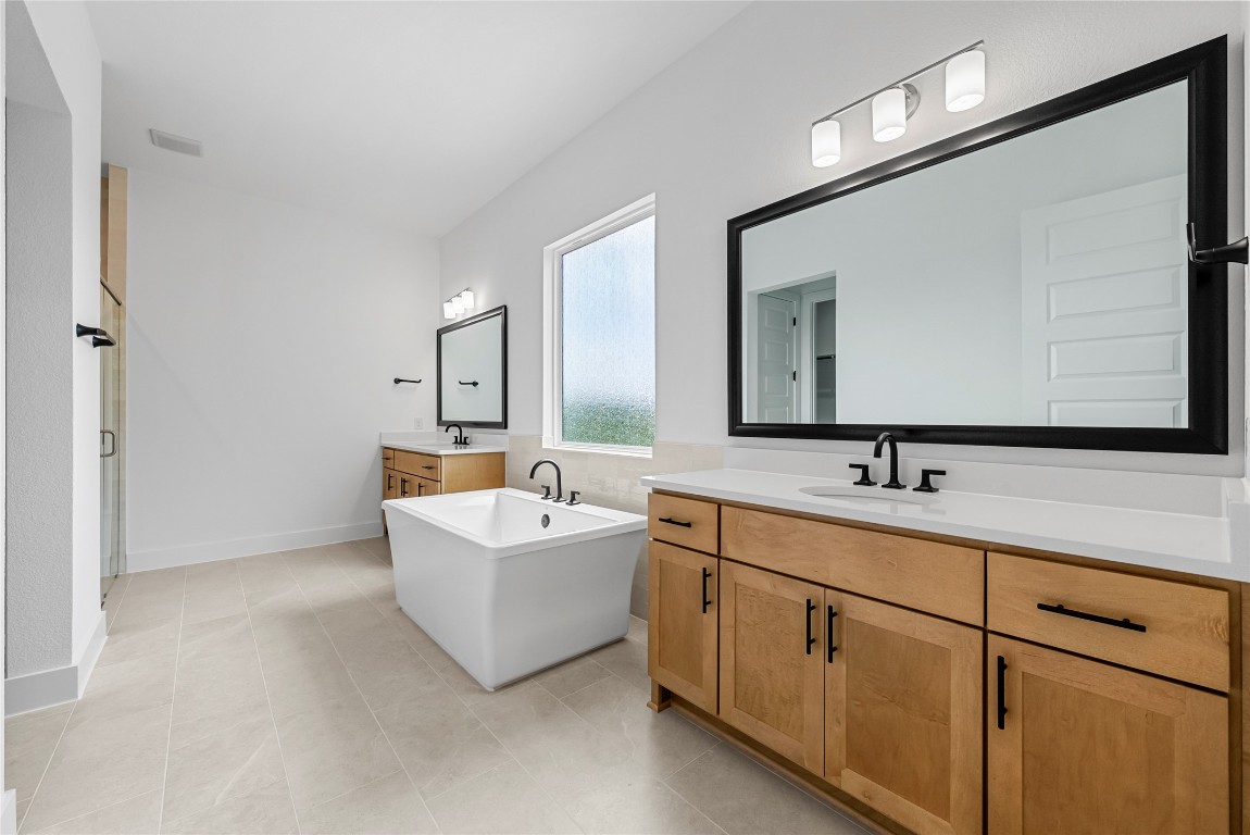 1304 Novara Trail Leander, TX 78641 - Photo 15 of 25 a bathroom with a double vanity sink mirror and bathtub