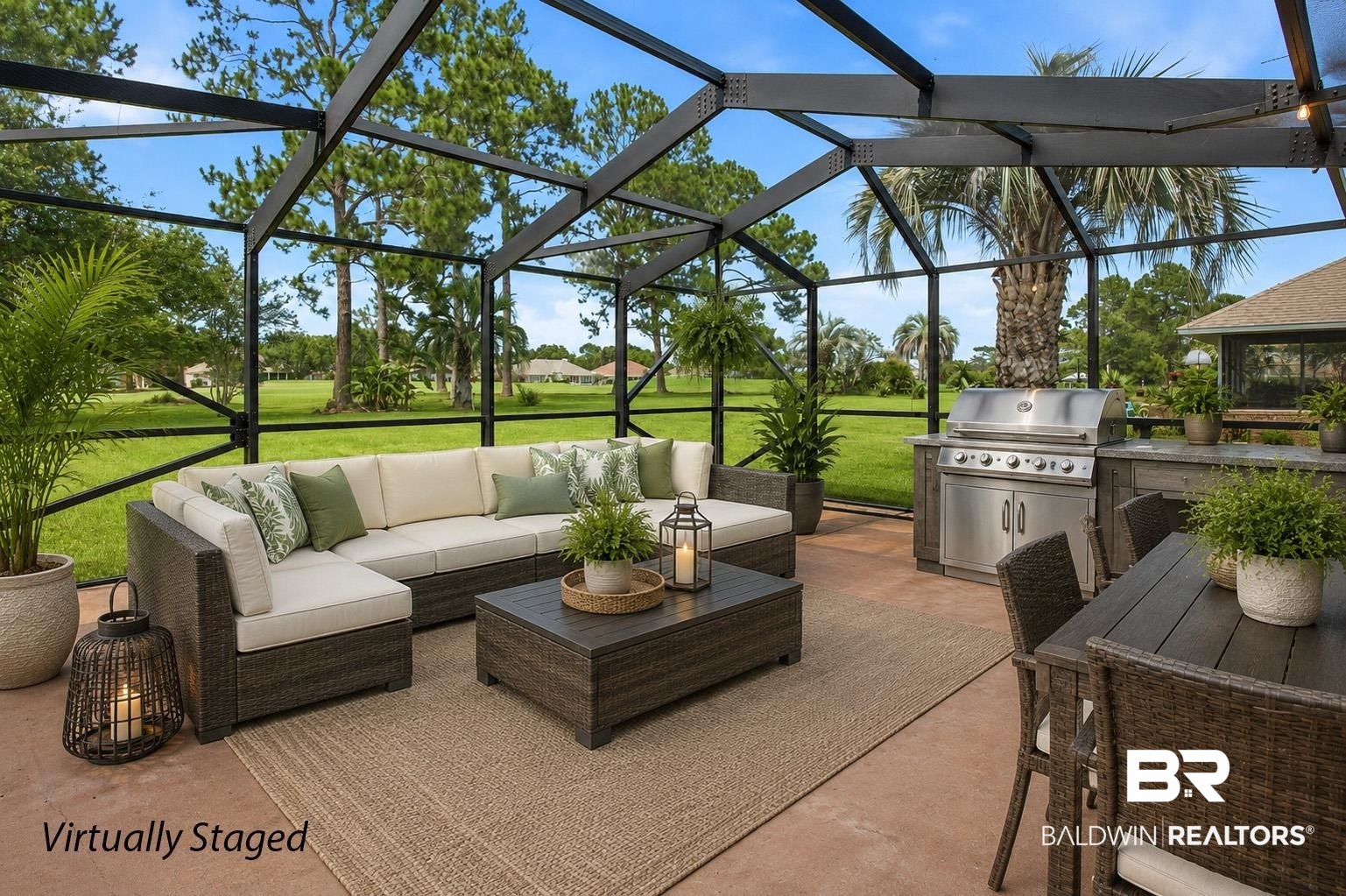 22685 County Road 12 Foley, AL 36535 - Photo 4 of 89 Screen-enclosed patio with an integrated outdoor kitchen featuring a stainless steel grill
