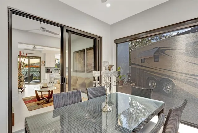 a living room with furniture and a table