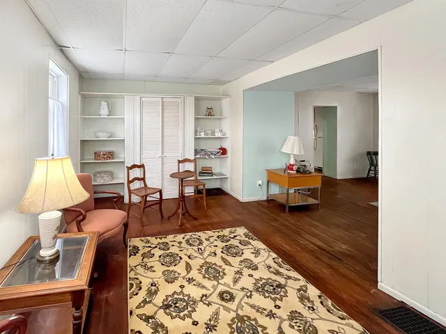 a living room with furniture and a rug