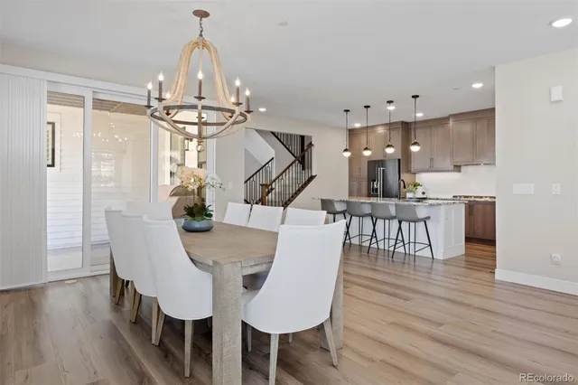 a view of a dining room with furniture wooden floor and chandelier