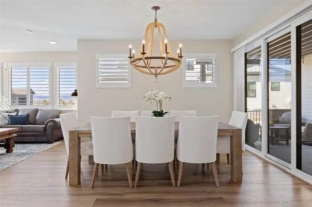 a view of a dining room with furniture window and wooden floor