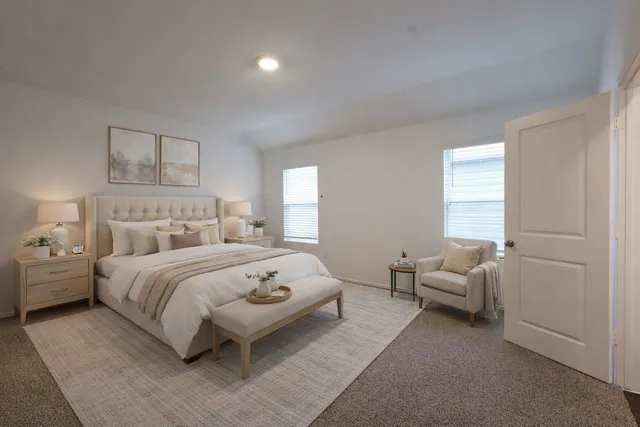 a bedroom with a bed and a couch