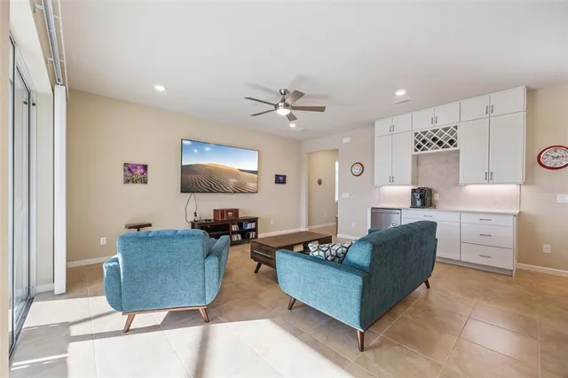 a view of a dining room with furniture
