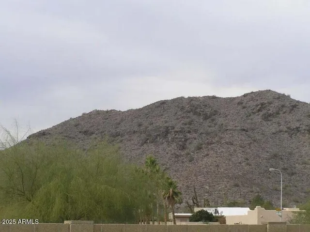a view of a dry field with mountains in the background