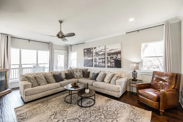 a view of a balcony with wooden floor
