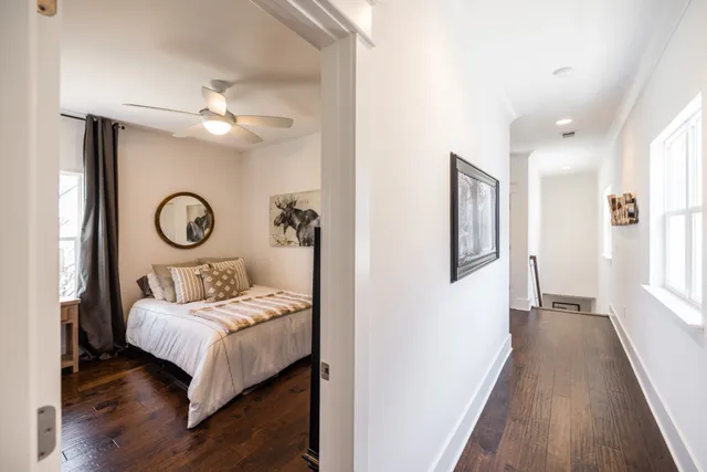 a view of a porch with wooden floor