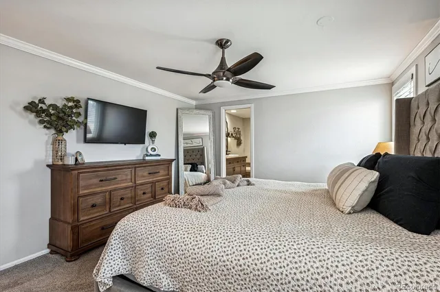 a bedroom with a large bed and a chandelier