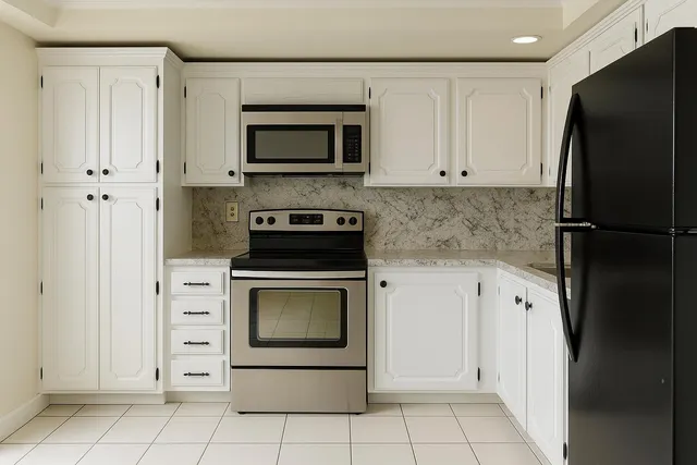 a kitchen with white cabinets and stainless steel appliances