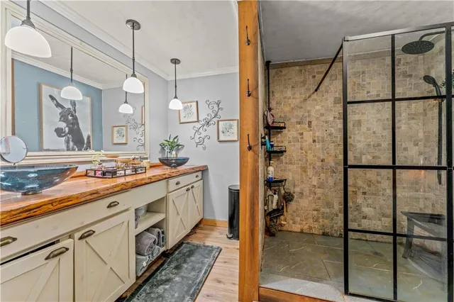 a bathroom with a double vanity sink a mirror and a shower