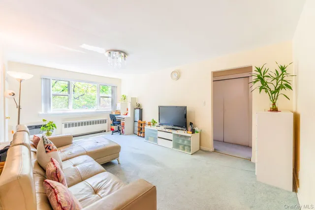 a living room with furniture a window and a flat screen tv