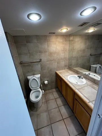 a bathroom with a sink a toilet and a mirror