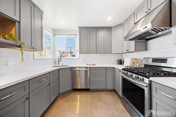 a kitchen with stainless steel appliances granite countertop a stove a sink and a microwave