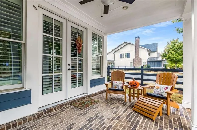 a outdoor living space with furniture and a window
