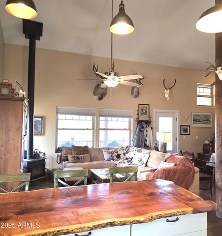 a view of a dining room with furniture