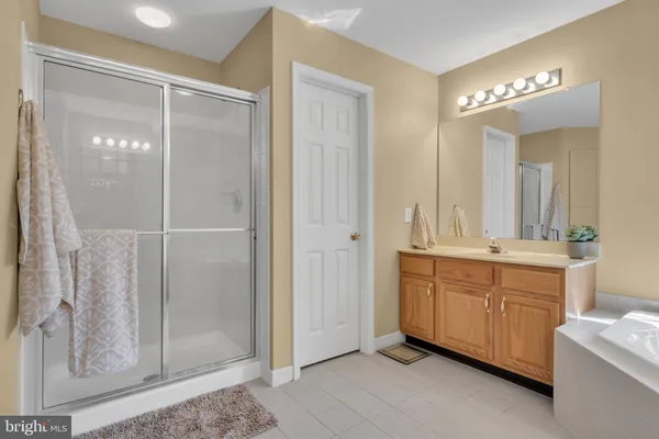 a bathroom with a double vanity sink mirror and shower