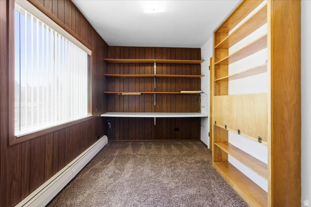 217 East 400 South Spring City, UT 84662 - Photo 20 of 71 Unfurnished office featuring a baseboard radiator, dark colored carpet, and wooden walls