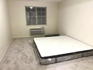 a room with a bed and windows