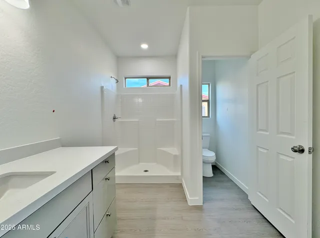 a bathroom with a sink a toilet and shower
