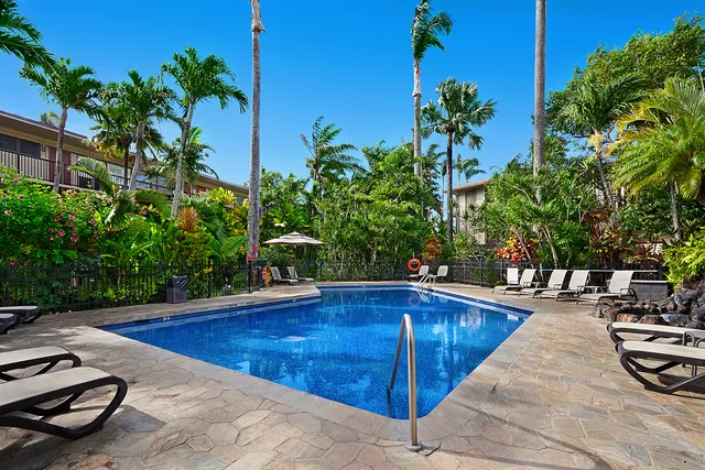a swimming pool with some trees in the background