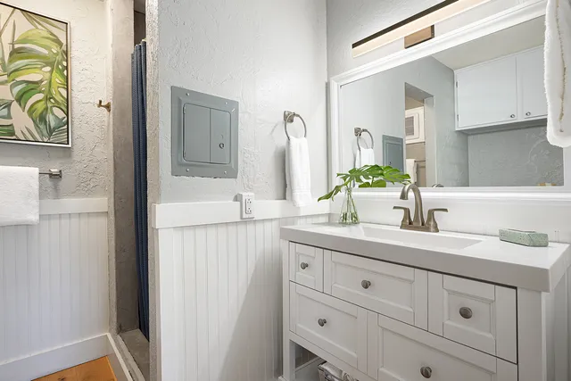 a bathroom with a sink and a mirror