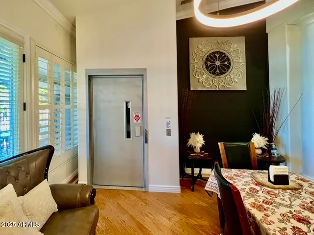 a view of a dining room with furniture