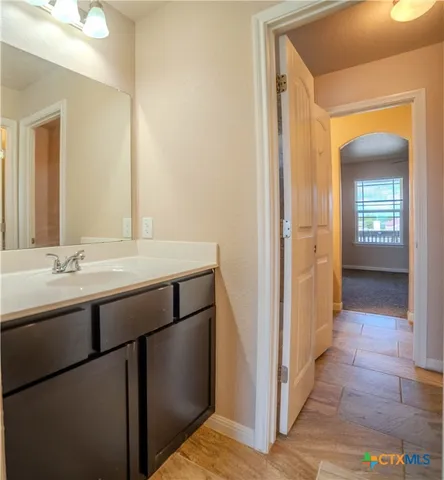 a bathroom with a sink and a mirror