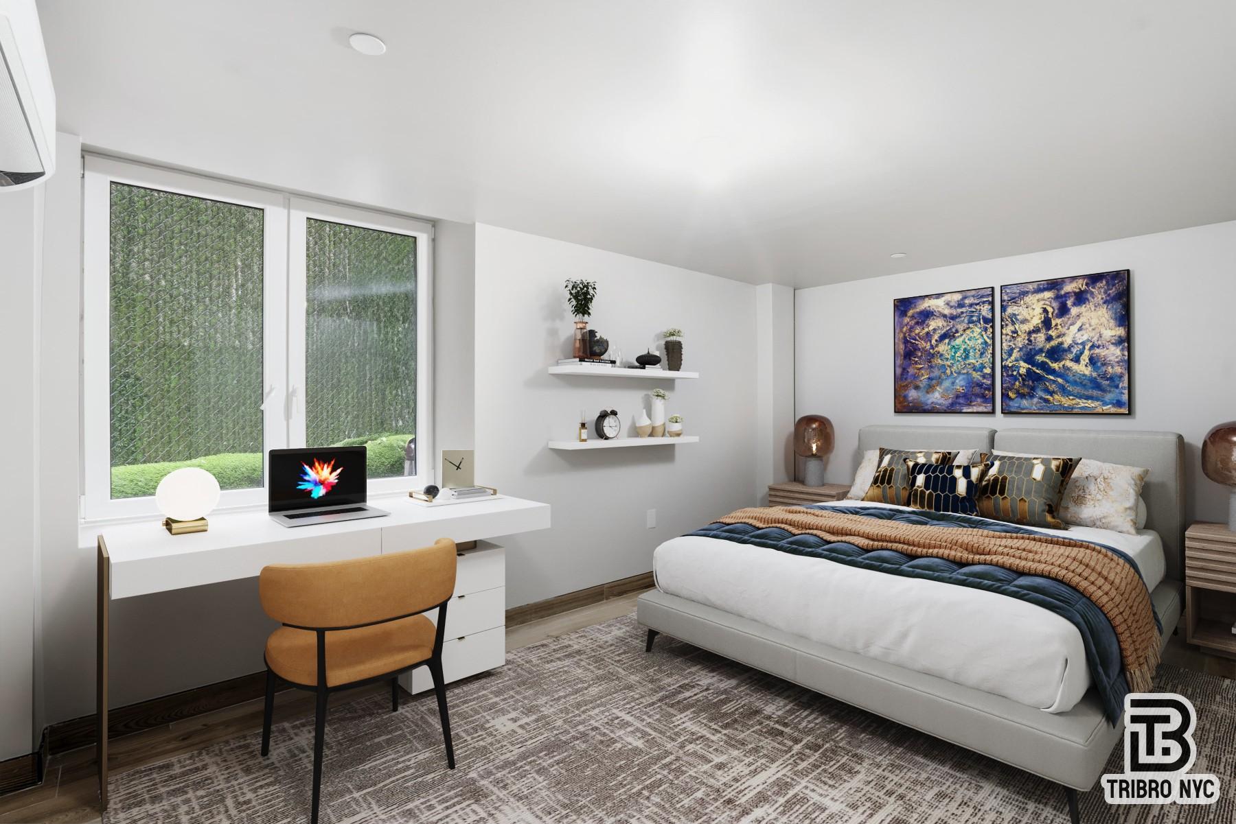 129 Russell Street, Unit 1E Brooklyn, NY 11222 - Photo 4 of 8 a bedroom with a bed a large window and a potted plant