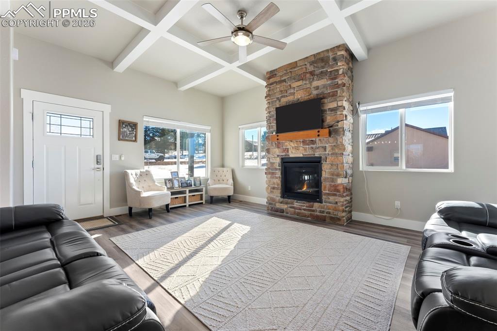 489 Due S Road Florissant, CO 80816 - Photo 3 of 41 a living room with furniture a fireplace and a flat screen tv