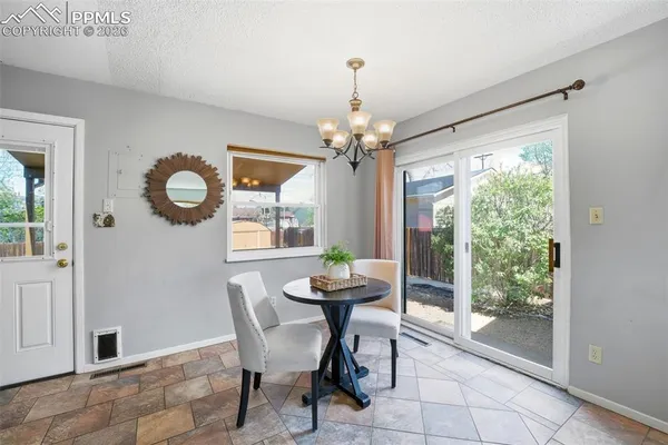 a dining room with furniture and window
