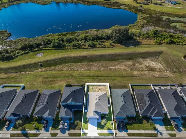 an aerial view of residential house with outdoor space and swimming pool