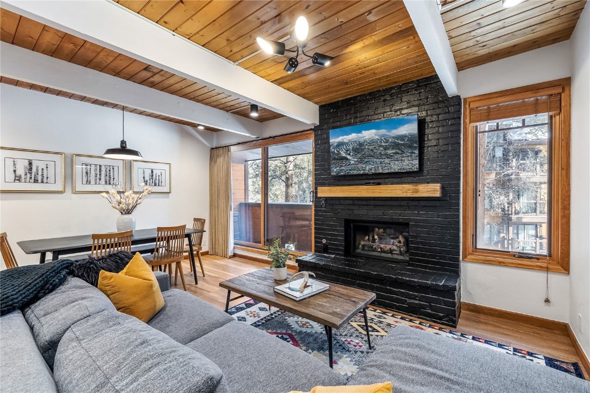 800 Columbine Road, Unit 5 Breckenridge, CO 80424 - Photo 1 of 38 a living room with furniture a rug and a fireplace