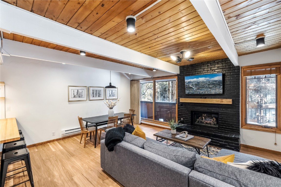 800 Columbine Road, Unit 5 Breckenridge, CO 80424 - Photo 8 of 38 a living room with furniture large window and a fireplace